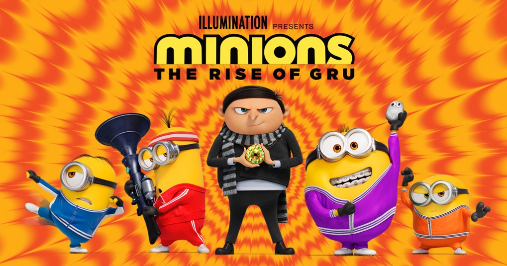Minions and Gru against a psychedelic backgorund