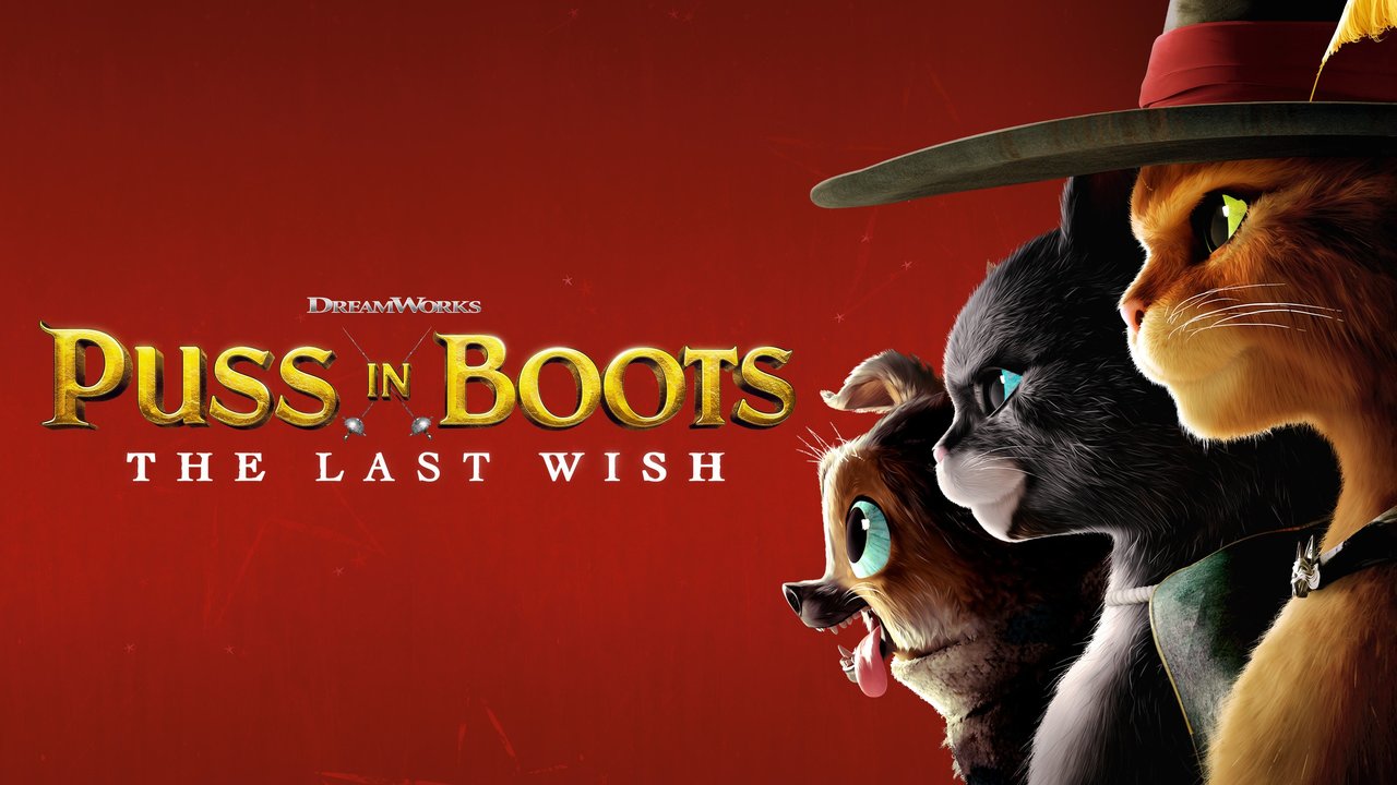 Puss in Boots movie poster, with the three main characters from the movie set against a red background.