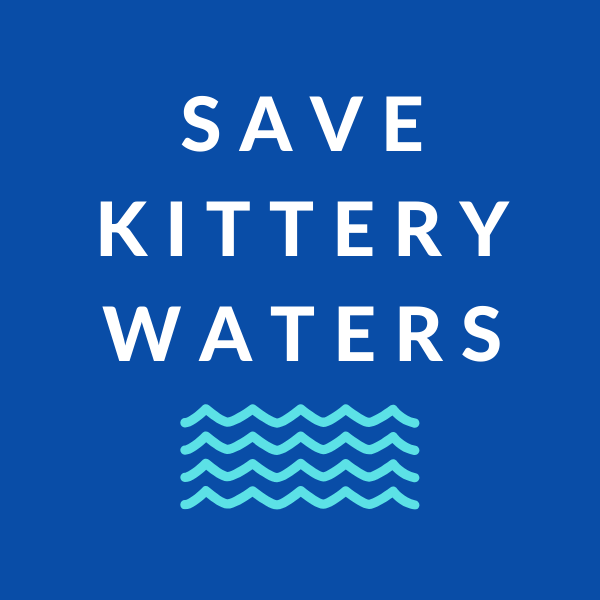 "Save Kittery Waters" logo with those words in white block letters with a light blue wave pattern below, all on a dark blue background.