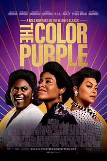 The Color Purple movie poster, with headshots of the three main characters against a purple background