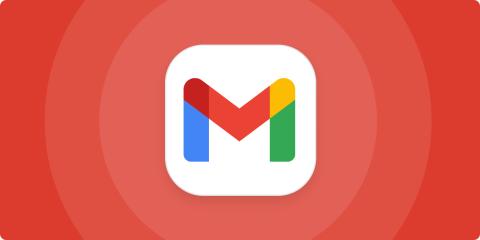 Graphic of the Gmail app icon against a red background.