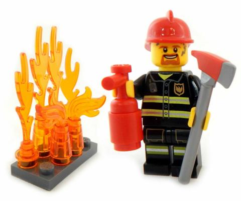 Lego Firefighter figure standing next to fire.