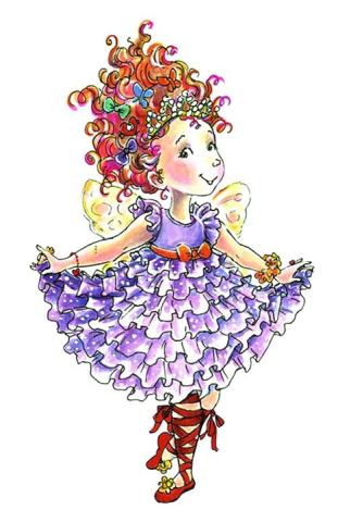 Cartoon of Fancy Nancy, wearing a frilly purple dress and curtsying.