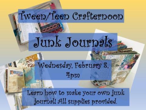 Announcement of Junk Journaling program, with examples of junk journals made of leftover crafting materials.