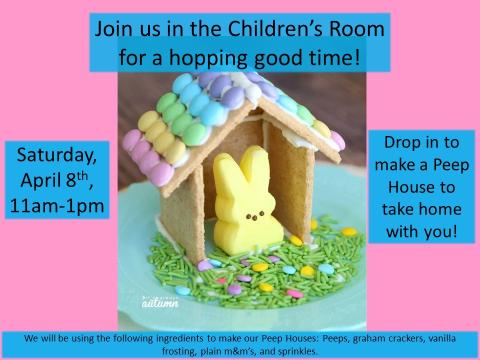 Peep bunny in a house made of graham crackers decorated with pastel M&Ms.