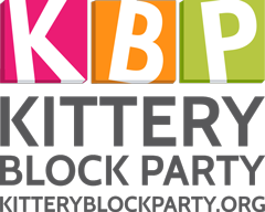 Kittery Block Party logo, with the full name of the event spelled out in the middle in dark grey lettering over an off-white background, with the website "kitteryblockparty.org" listed below in the same text style. The letters K, B, & P are at the top, stylized in three colorful blocks, of pink, orange, and light green, respectively.