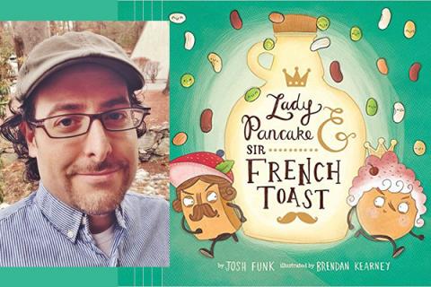 Headshot of author Josh Funk wearing a checkered button-down shirt, glasses, and a tweed newsboy cap, with the cover of his book, Lady pancake & Sir French Toast against a green background. 