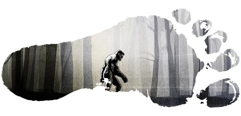 Black and white image of a Bigfoot in front of trees. The image has the outline of a footprint.