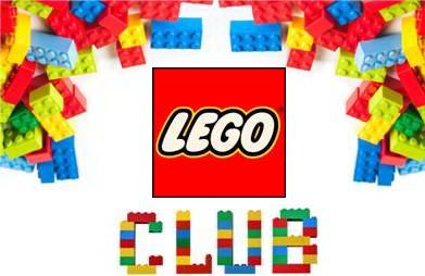 Multicolored legos frame the red LEGO logo, with CLUB spelled out in multicolored Legos beneath