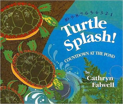 Cover of the picture book "Turtle Splash! Countdown at the Pond". Two turtles sit on a log ready to jump into the water.