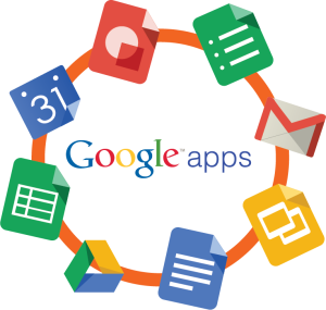 Google Apps logo is surrounded by the icons of different Google apps connected by a red circle.