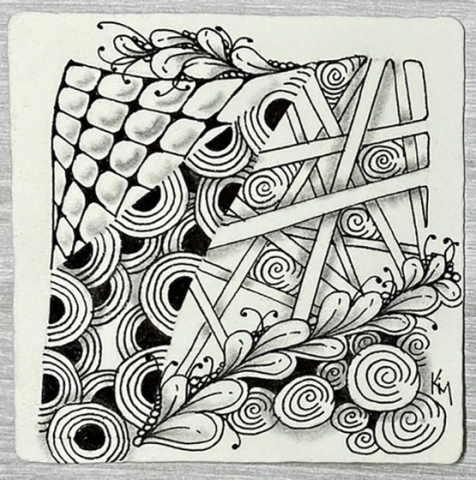 Black and white ink drawing in the Zentangle method, including swooping lines and abstract patterns with some shading.