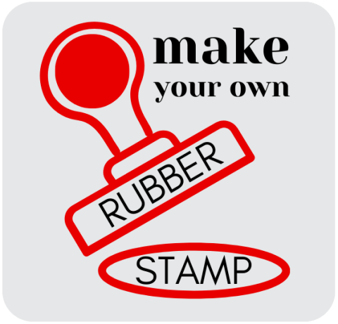 On a light grey, square background black text reads "make your own RUBBER STAMP"; a red outline drawing of a rubber stamp and the oval impression it makes is wrapped around the words "RUBBER" (in the stamp) and "STAMP" (in the oval impression).