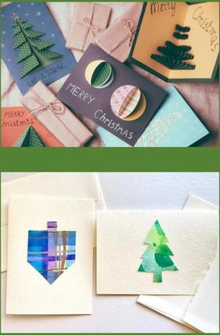 A composite of two photos of sample holiday cards, with trees, dreidels, snowmen, and holiday greeting text on them.