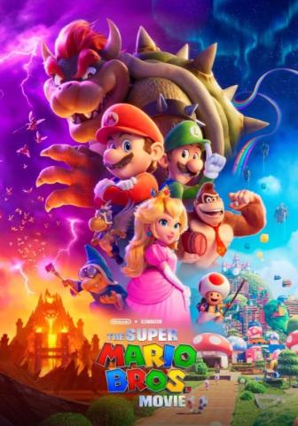 The poster for the 2023 film "The Super Mario Bros. Movie" with characters in the center, arranged dramatically, including Mariom Luigi, Bowser, Princess Peach, Donkey Kong, and move. Bright blue and purple coloring is behind them toward the top, with orange and green scenes of the video game's locations visible below the characters, just above the title.