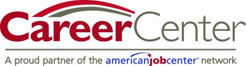 CareerCenter logo, in gold and red, with a horizontal line below the word "CareerCenter," which says "a proud partner of the americanjobcenter network" in mostly gold text, with "americanjobcenter" in blue and red font.