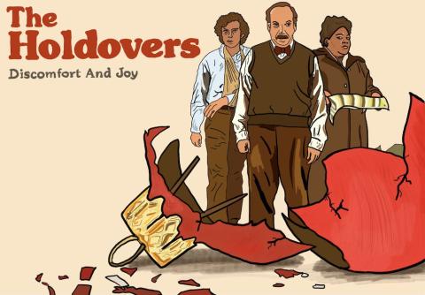 movie poster for the holdovers, with the three leading cast memebers standing in a broken Christmas ornament.