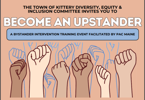 Multicolored fists raise in the air against a peach background. "Become an Upstander"