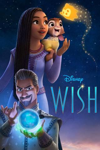 Movie poster for the film Wish. The characters are against a dark background with a lit-up wishing star.