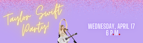 "Taylor Swift Party" is written in electric yellow script font against a photo of Taylor Swift and her guitar and a purple background