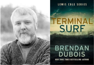 Portrait of Brendan Dubois with the cover of his novel, Terminal Surf