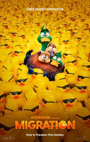 Movie poster of Migration, showing the main characters in a field of rubber ducks