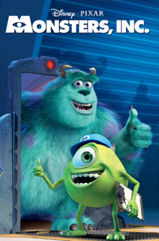 A movie poster for the film 'Monsters Inc.' showing Sully and Mike standing near an open door in the warehouse where they work, each giving a thumbs-up and facing the camera.