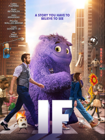 Poster for the movie 'IF', depicting the large purple imaginary friend, two human characters, and about a dozen other imaginary friends crossing a crosswalk in a large city. The title is visible in the lower third of the image, and in the sky behind the large purple imaginary friend, the tagline reads: "A story you have to believe to see."