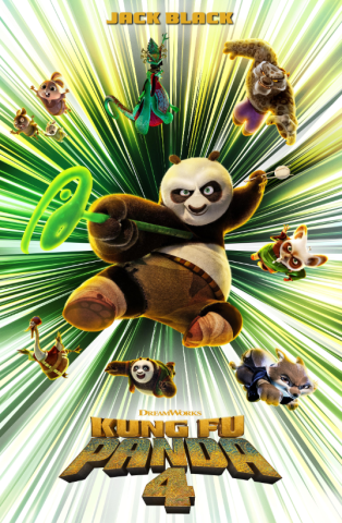 Poster for the movie 'Kung Fu Panda 4,' depicting the main character Po jump-kicking toward the viewer in the center, carrying a jade staff, surrounded in mid-air kicks by nine other characters, also flying toward the viewer. Behind them is a starburst pattern of green, white, yellow, and black. The title of the movie is in the lower quarter, in green and yellow text.