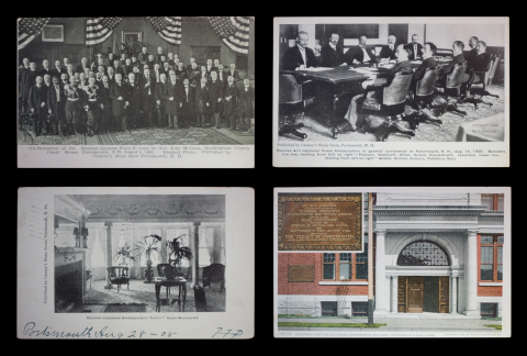 Composite of four old postcards relating to the signing of the Treaty of Portsmouth at the Portsmouth Naval Shipyard, in 1905. The top two images are of the negotiating entourages, with the top right photo showing them gathered around a long table in Building 86, which will be a stop on the tour. The lower two images are of other places where negotiations were carried out, including the exterior doorway of Building 86.