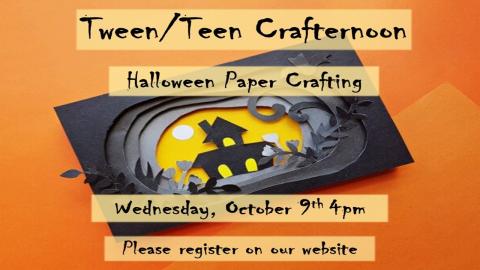 A slide with information about the paper craft, including all the information listed elsewhere on this page. The image in the background is of the Halloween papercraft itself: a haunted house set in the center of different heights of black and grey borders, with bats and spooky trees and things around it.