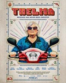 Movie poster for 2024's 'Thelma,' on a cross-stich style background, with the main character sitting on a motorized scooter, wearing a windbreaker and sunglasses.