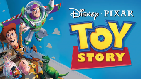 A wide poster for Toy Story, featuring Buzz and Woody flying above all the other toys on the floor. The title is on the right side of the image.