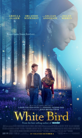 Poster for the movie 'White Bird' with two youths walking through a forest, mostly backlit, toward the camera, holding hands. At the top and facing right is Helen Mirren, in profile. The title in gold font is at the bottom.