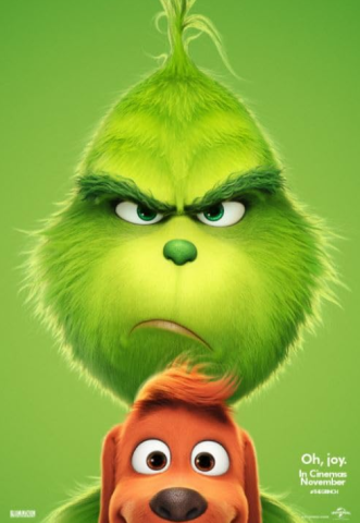 On a green background, the grumpy face of the Grinch and the happy face of Max, his dog, just below his chin. In the lower right corner are the words, in white text, "Oh joy."