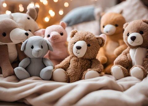 Stuffed animals sitting on a blanket