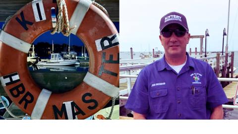 A side by side composite of two photos: on the left is a flotation "life ring" hanging on a fence with the Kittery Harbormaster's boat visible at its mooring through the center hole. On the right is a photo of the Kittery Harbormaster John Brosnihan wearing a button-up marine shirt, a blue cap that reads "Kittery Harbormaster" and sunglasses, smiling and facing the camera, standing on a dock.