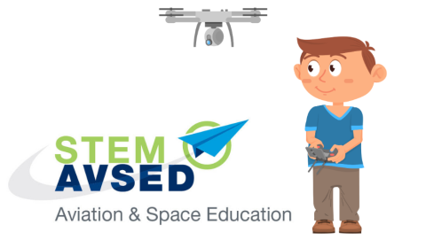 On a white background, the logo for STEM AVSED: Aviation and Space Education (part of the FAA), and a cartoon of a child flying a small drone.