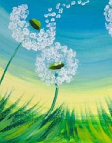 Painting of grass and a couple dandelions with their seeds blowing in the wind, into the blue sky.