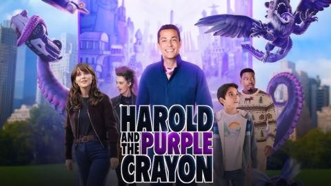 Harold and the Purple Crayong poster. Four actors walk through life sized purple drawings