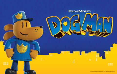 Dog Man character stands against a blue and gold background with the film logo