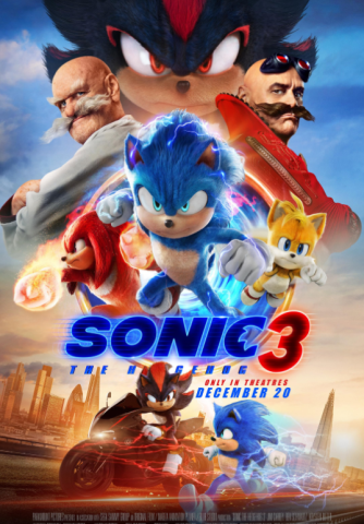 Movie cover for Sonic 3, depicting Sonic in the center and three villains posed in the top of the image, with the title and two other heroes in the bottom third.