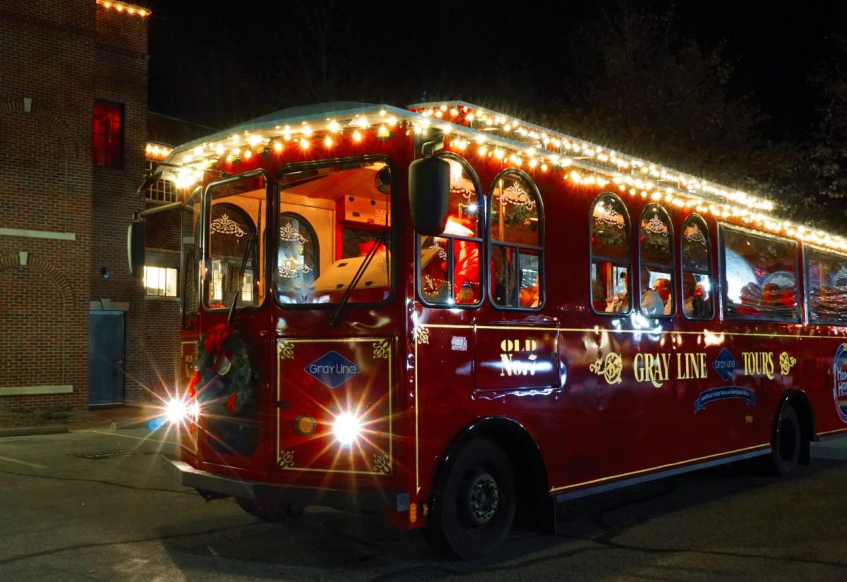 Photo of a trolley decorated with twinkle lights.