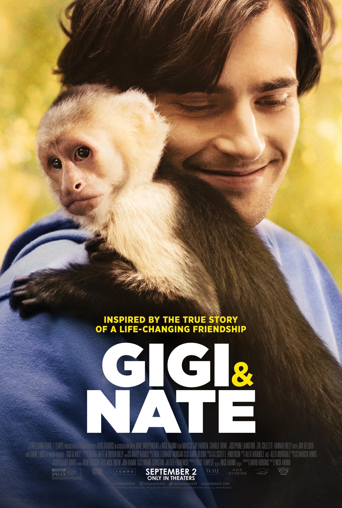 Movie poster for Gigi and Nate, with a man hugging a monkey.