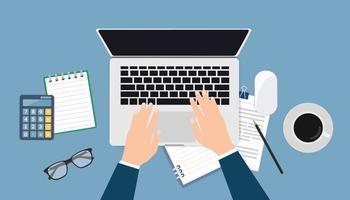 graphic of hands typing on a laptop keyboard, surrounded by a cup of coffee, glasses, notebook and calculator.