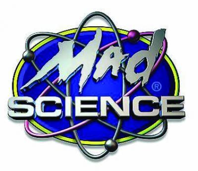 Mad Science logo, with silver lettering against an atomic symbol and a blue background