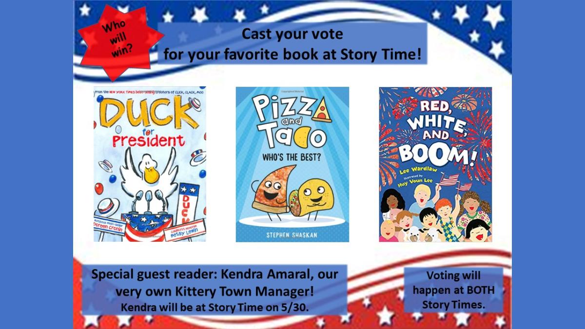 Image of three books: Duck for President, Pizza & Taco, and Red, White and BOOM!, set against a red, white and blue background