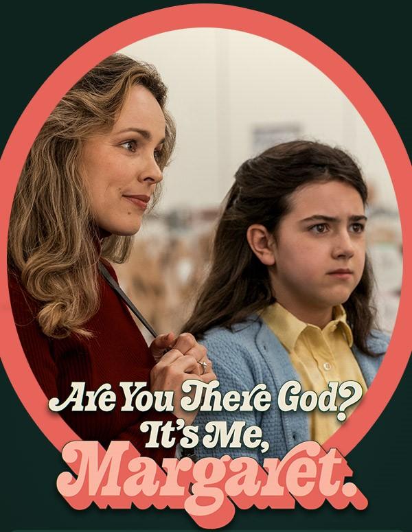 Eleven-year-old Margaret and her mother stand close together. her mother looks into the distance while Margaret has a confused look. Their photo is framed by a pink over against a black background.