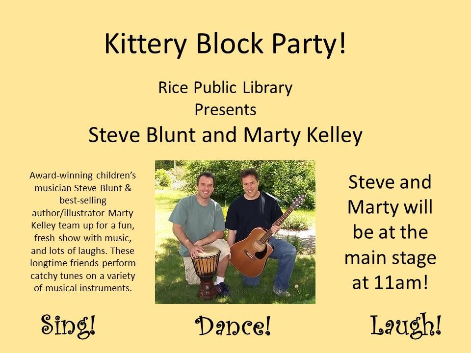 Steve Blunt and Marty Kelley are kneeling outside in front of a tree, holding an acoustic guitar and bongo drum. 