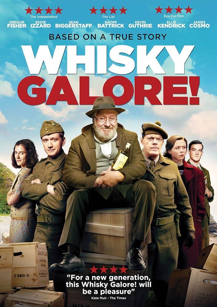 Movie poster for 'Whisky Galore' with six of the main characters arranged in an echelon facing the camera. The main character is sitting on a box and holding a bottle of whiskey.